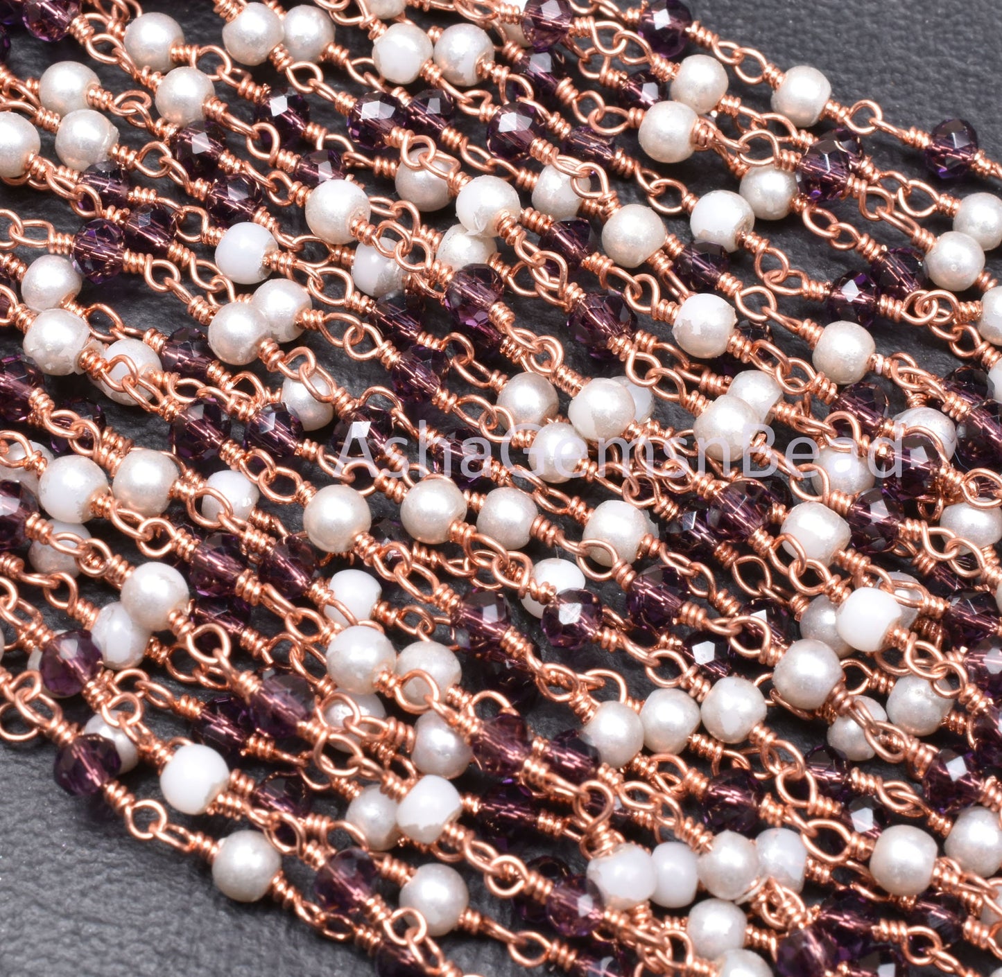 Beautiful White Pearl Garnet Hydro Faceted Rondelle Beads Rosary Chain Rose Gold Plated Copper Wire Wrap Chain SALE Jewelry making Craft 3mm