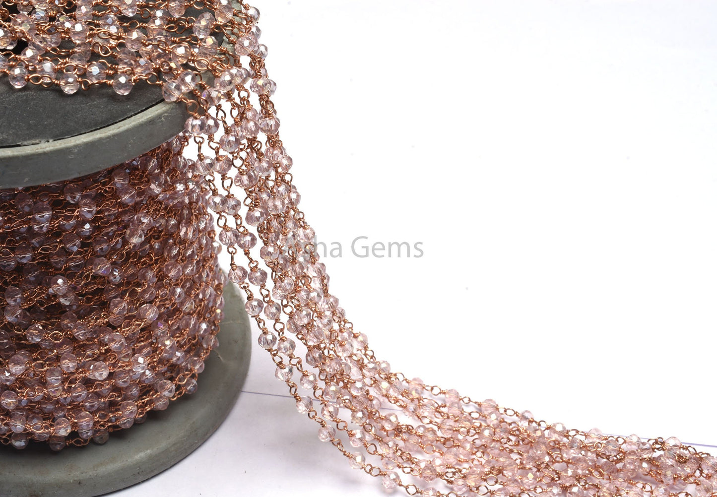Beautiful Pink Rose Quartz Hydro Faceted Beads Rosary Chain Rose Gold Plated Copper Wire Wrap Beaded Rondelle Chain Rosary Jewelry Craft 3mm