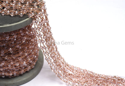 Beautiful Pink Rose Quartz Hydro Faceted Beads Rosary Chain Rose Gold Plated Copper Wire Wrap Beaded Rondelle Chain Rosary Jewelry Craft 3mm