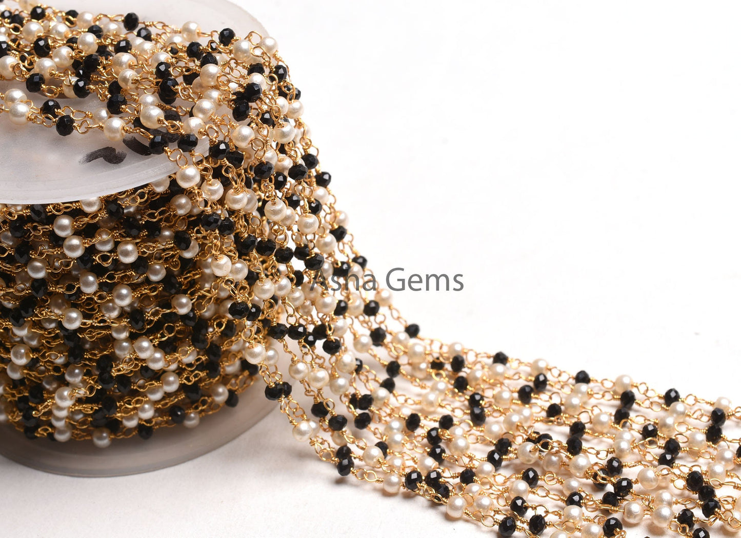 Beautiful Pearl Black Onyx Hydro Micro Cut Beads Rosary Chain, Gold Plated Wire wrap Bulk Rosary Chain By Foot Necklace Jewelry Making Chain