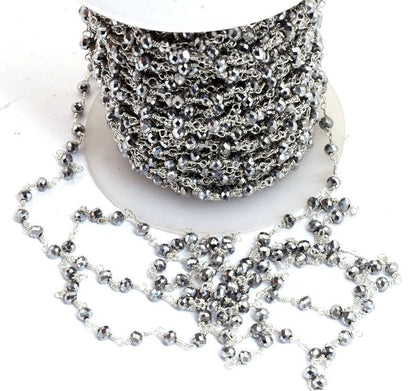 SALE 3,5,10 Feet,Silver Pyrite Hydro Faceted Rondelle Beaded Rosary Chain Silver Plated,Jewelry Making, Finding,Wire Wrapped Chain,3-3.5 mm