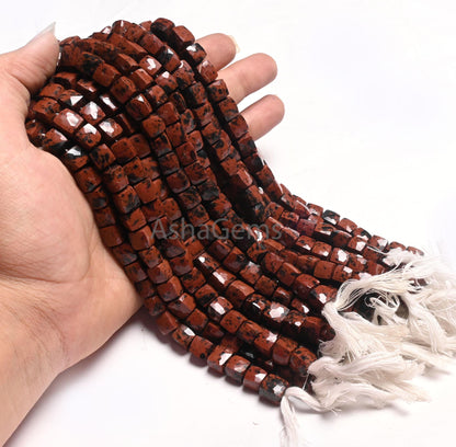 Beautiful Red Obsidian Faceted Box Shape Gemstone Loose Beads, Natural Mahogany Obsidian 3D Cube Box Indian Cut Mountain Obsidian Beads SALE