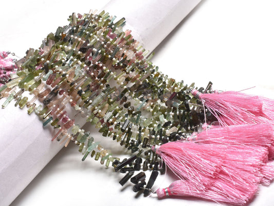 Natural Multi Tourmaline Fancy Long Rough Gemstone Beads,8" Fine Tourmaline Uneven Pencil Side Drill Beads, Tourmaline Beads Jewelry Crafts