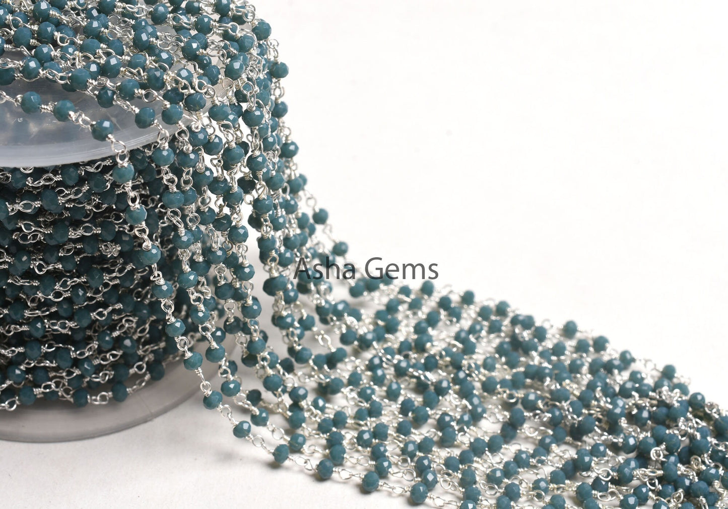 1,5,25, Ft Chain, Light Neon Blue Apatite Hydro Silver Plated Rosary Chain, Faceted Micro Cut Beads Chain Wire Bulk Finding Chain Jewelry