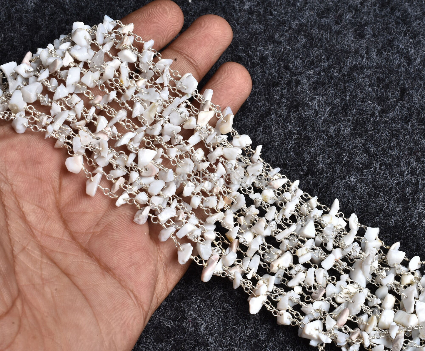 Natural White Opal Uncut Chip Beads Rosary Chain Silver Plated Wire Bulk roll Beaded Chain Gemstone Opal Smooth Nugget Chain Jewelry Crafts