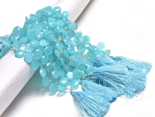 AAA Quality Aqua Blue Chalcedony Hydro Egg Shape Faceted  Beads,10-13.5 mm Chalcedony Hydro Fancy Briolette Side Drill Gemstone Bead Jewelry