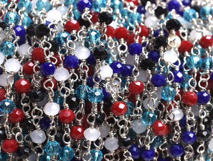 1-50 Feet Multi Color Beads Rosary Chain, Silver Plated Wire Wrap Hydro Disco faceted Rondelle Beaded handmade Chain Jewelry making Necklace