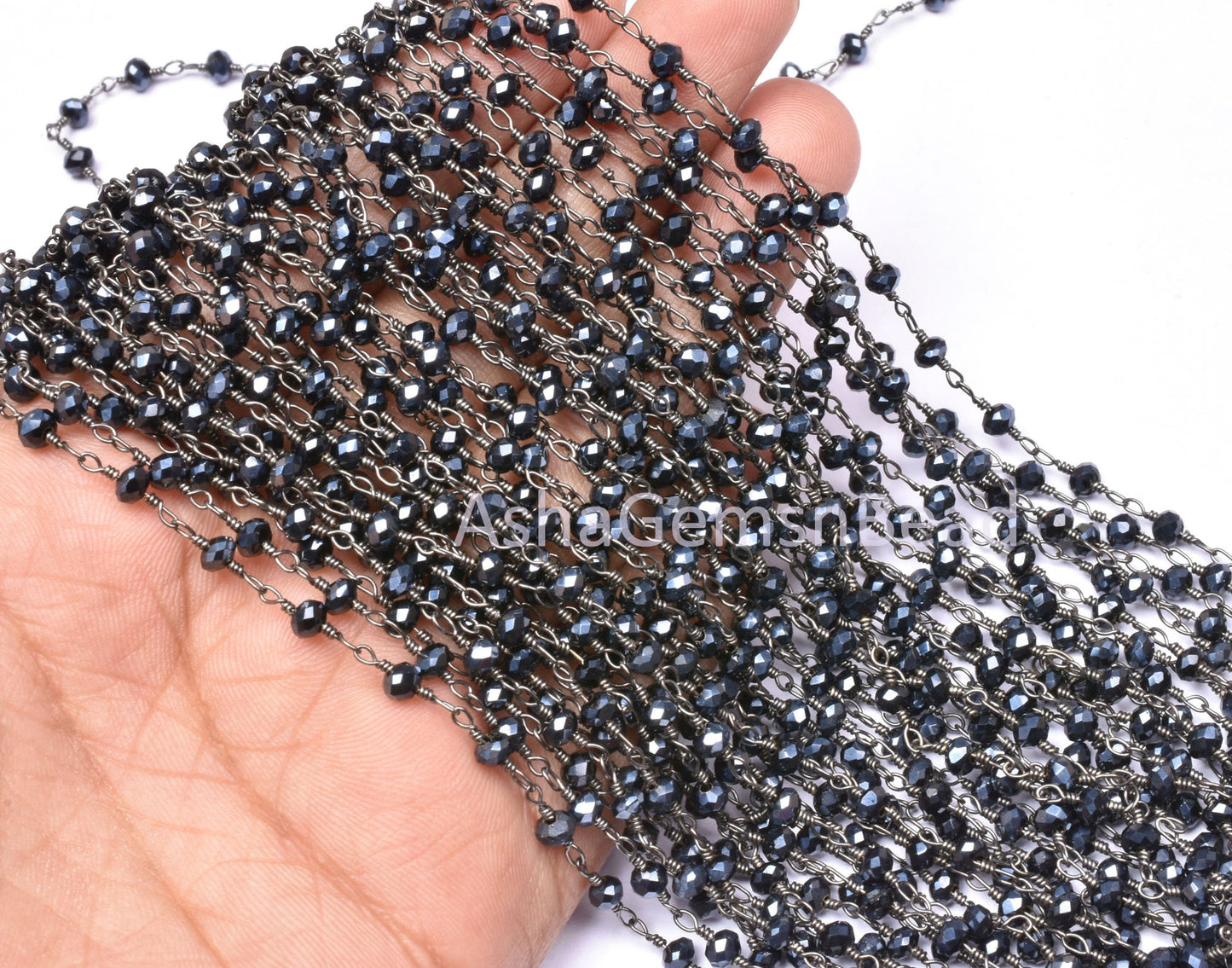 AAA Black Spinel Hydro Silver Coated Faceted Rondelle Beaded Rosary Chain Jewelry Making Finding, Black Plated Wire Wrap Handmade Chain Bead