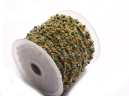 3,10,50 Feet Green Hydro Coated Beads Rosary Chain, Gold Plated Wire Wrap 3mm Micro Cut Rondelle Beaded Chain Jewelry Making handicraft SALE
