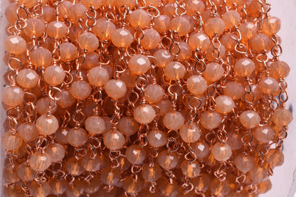 AAA Peach Moonstone Hydro Faceted Rondelle Beads Rosary Chain,4 mm Rose Gold Plated Copper Wire Wrap Beaded Handmade Chain Jewelry Necklace