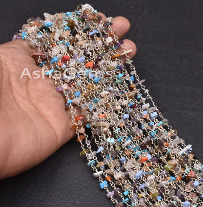 Natural Multi Disco Uncut Chips Rosary Chain silver Plated Wire Bulk Roll, multi Color Gemstone Beads Chain Beaded Rosary Chain By Foot SALE