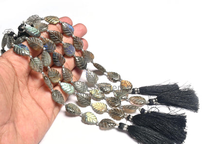 Fine Labradorite Fancy carving Leaf Shape Straight Drill Beads, Natural Flash labradorite handmade Carved Pear Gemstone Beads Jewelry Crafts
