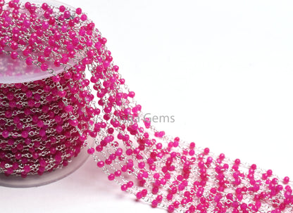 Beautiful Pink Chalcedony Hydro Faceted Rondelle Beaded Rosary Chain Silver Plated Wire 3,5,10 Feet Jewelry Making Finding, Wire Wrapped Chain SALE