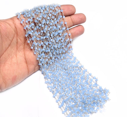 1,5,50 Aqua Blue Chalcedony Hydro Rondelle Faceted Beads Rosary Chain,3mm Silver  Plated Wire Wrap Beaded  Chains Jewelry Necklace