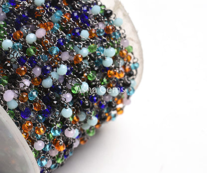 Fine Multi Disco Color Hydro Rondelle Faceted Beads Rosary Chain Black Plated Gunmetal Wire Beaded Handmade Chain Rosary Jewelry Making SALE