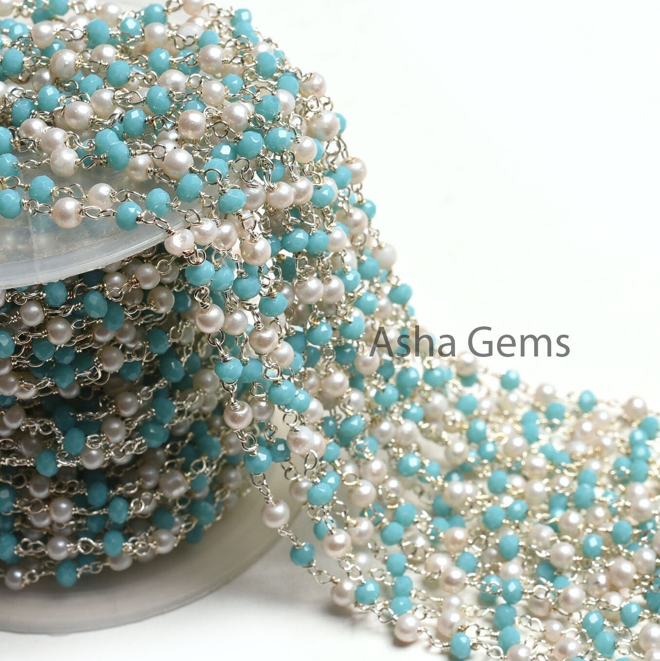 1,5,10,50 Feet Rosary Chain White Pearl, Blue Turquoise Hydro Beads Chain Silver Plated Wire Wrap Multi Color Beaded Chain For Necklace SALE