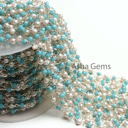 1,5,10,50 Feet Rosary Chain White Pearl, Blue Turquoise Hydro Beads Chain Silver Plated Wire Wrap Multi Color Beaded Chain For Necklace SALE