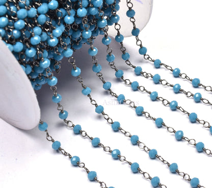 Chain Beautiful Blue Turquoise Hydro Rondelle Faceted Beads Rosary Chain,3 mm Black Plated Gunmetal Wire Jewelry Making Bulk Roll Chain Bead