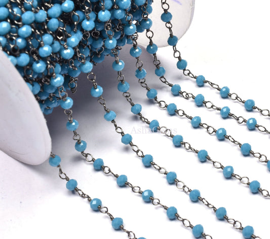Chain Beautiful Blue Turquoise Hydro Rondelle Faceted Beads Rosary Chain,3 mm Black Plated Gunmetal Wire Jewelry Making Bulk Roll Chain Bead