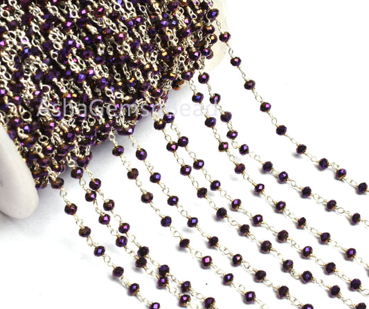 3,5,10,25 Ft Purple Mystic Pyrite Hydro Faceted Rondelle Beads Rosary Chain Silver Plated Wire Wrapped Chain, Jewelry Making Necklace 3.5 mm