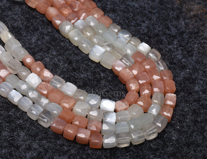 Beautiful AAA moonstone faceted Cube Box Beads, Natural Multi Moonstone Box Gemstone beads,8" Strand White Pink Shaded Moonstone cube Beads