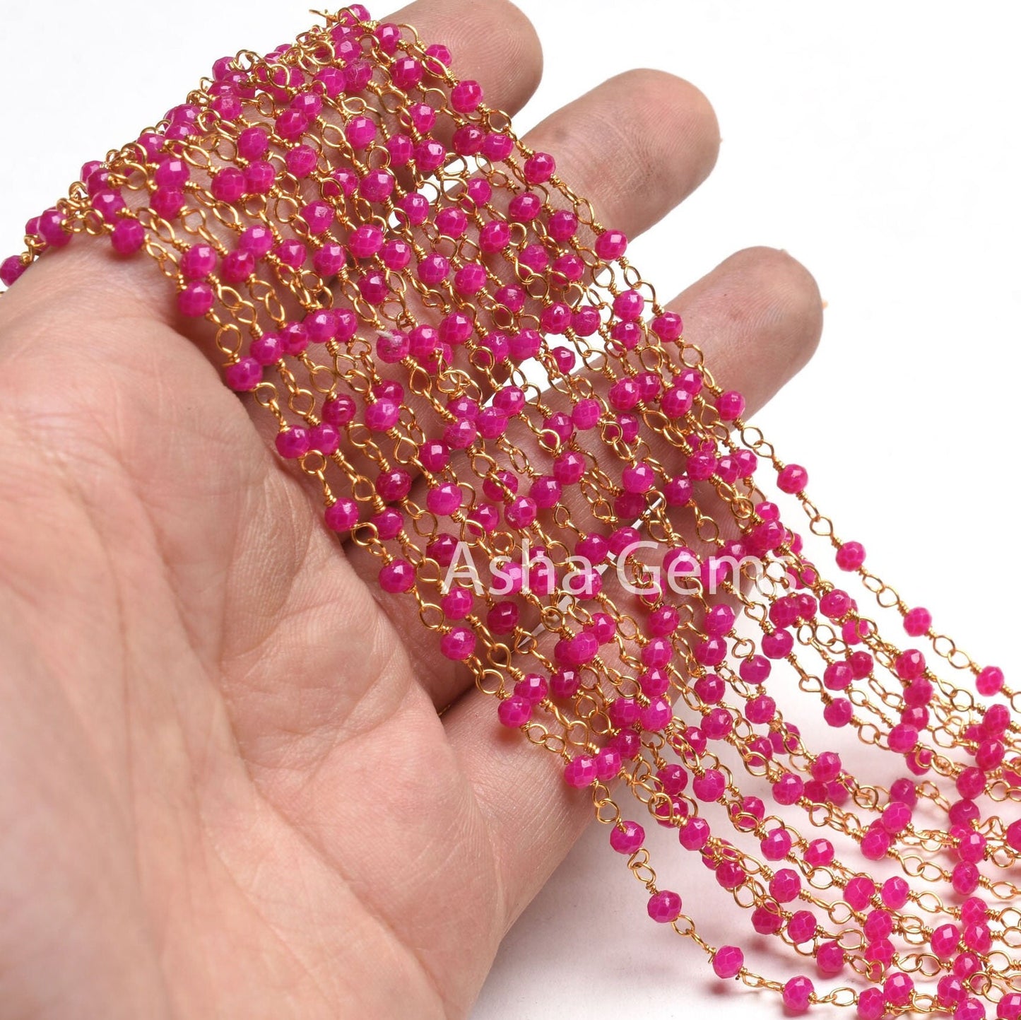 AAA Pink Chalcedony Hydro Faceted Beads Rosary Chain Gold Plated Wire Wrapped Rondelle Micro Cut Beaded handmade Chain Necklace making Craft