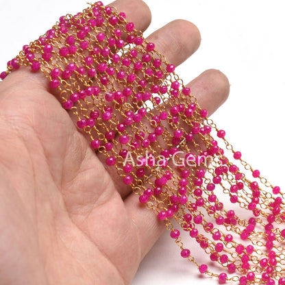 AAA Pink Chalcedony Hydro Faceted Beads Rosary Chain Gold Plated Wire Wrapped Rondelle Micro Cut Beaded handmade Chain Necklace making Craft
