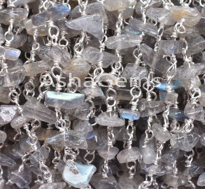 3,5.10 feet Natural Labradorite Uncut Chips Beads Rosary Chain,Black Rainbow Nugget Beaded Chain Rosary Silver Plated Wire Bulk Roll Chains