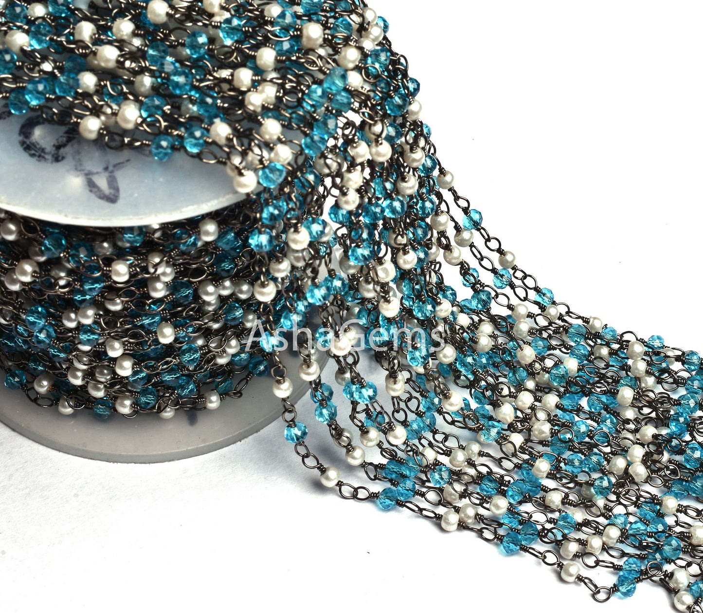 White Pearl, Blue Topaz Hydro Beads Rosary Chain Black Plated Wire Wrap Chain Faceted Rondelle Beaded Chain Jewelry Making Finding Chain DIY