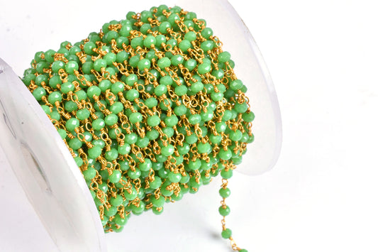 3,10,25 Foot Green Jasper Hydro Faceted Rondelle Beads Rosary Chain 3-3.5 mm Gold Plated Wire handmade Beaded Chain Jewelry Craft SALE DIY