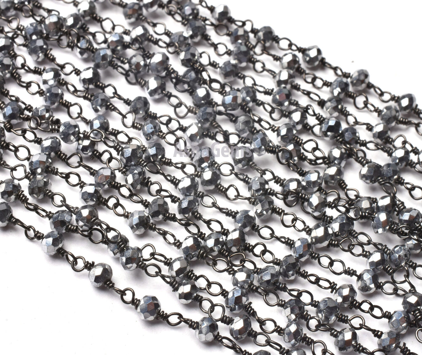 SALE AAA Silver Pyrite Hydro Faceted Rondelle Beads Rosary Chain,3 mm Black Plated Gunmetal Wire Wrap Handmade Chain Jewelry Necklace Making