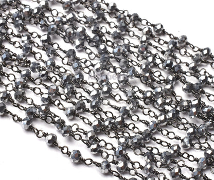 SALE AAA Silver Pyrite Hydro Faceted Rondelle Beads Rosary Chain,3 mm Black Plated Gunmetal Wire Wrap Handmade Chain Jewelry Necklace Making