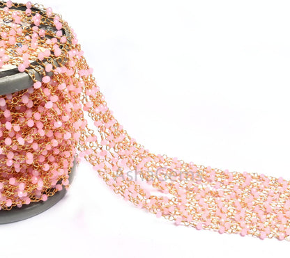 1,5,10,50 Feet Bulk Chain Pink Rose Quartz Hydro Faceted Rondelle Beads Rosary Chain Gold Plated Wire Chain Jewelry Making Chain DIY Finding