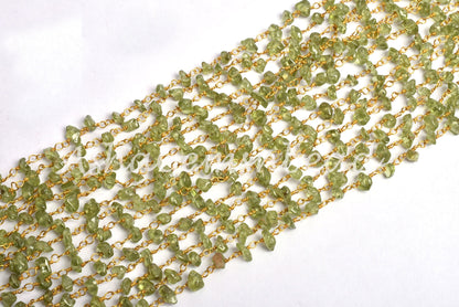 3,5,10,25 Feet Chain, Natural Green Peridot Uncut Chip Beads rosary Chain Gold Plated Wire Bulk Roll Smooth Gemstone Beaded Rosary Chain
