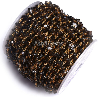 1,10,25 Foot Natural Smoky Quartz Uncut Chips Rosary Beads Chain, Gold Plated Wire Wrap Bulk Roll Jewelry Making raw Gemstone Nugget Chains