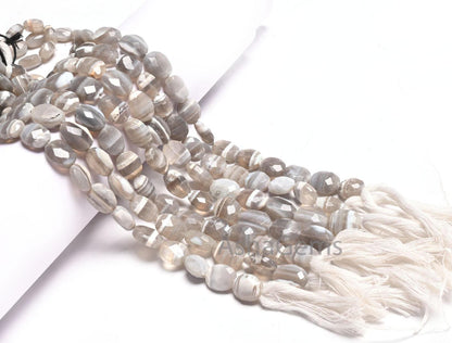 Beautiful Banded Agate Faceted Oval Shape handmade Beads, Shaded White Grey Agate Oval Briolette Indian Cut Boulder agate Gemstone Bead SALE