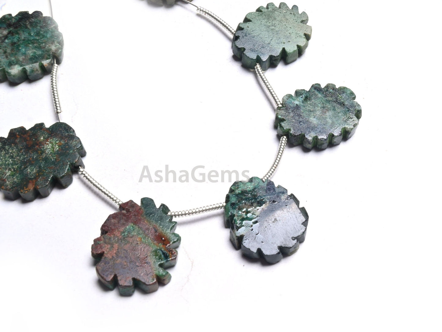 Natural Green Agate Jasper Flat Rough Slice Carving Handmade Beads, Jasper Uneven Raw Polish Gemstone Carve Side Drill Beads Jewelry Crafts