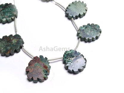 Natural Green Agate Jasper Flat Rough Slice Carving Handmade Beads, Jasper Uneven Raw Polish Gemstone Carve Side Drill Beads Jewelry Crafts