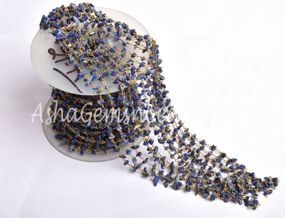 Natural Blue Lapis Uncut Chip Beads Rosary Chain Gold Plated Wire Wrap Lapis Rough Beaded Handmade Chains For Necklace Making Jewelry Crafts