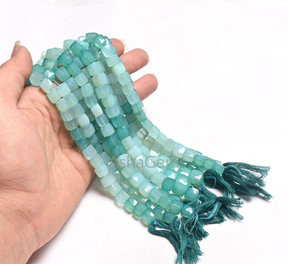 Beautiful Blue Chalcedony Faceted 3D Cube Box Gemstone Beads, Shaded Sky Blue Chalcedony Box Indian Cut Chalcedony Bead Jewelry making Craft