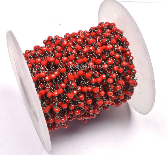 AAA Red Onyx Hydro Faceted Rondelle Beads Rosary Chain Black Metal Plated Gunmetal Wire Wrapped Chain 3-3.5mm Jewelry Making Necklace Chains
