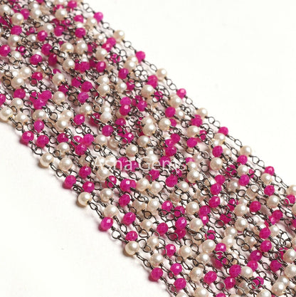 Beautiful Pearl Pink Chalcedony Hydro Beads Rosary Chain, Black Plated Wire Wrap Faceted Rondelle Beaded Chain handmade Jewelry making Craft