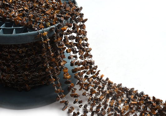 Natural Tiger Eye Uncut Chip Beads Rosary Chain Smooth Uneven Nugget Silver Plated Wire Beaded Chain Chip Gemstone Beads Chain Jewelry Craft