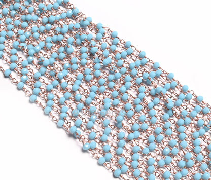 1,3,10,50 Foot Blue Turquoise Hydro Rondelle Faceted Beads Rosary Chain Rose Gold Plated Wire Wrap Chain Jewelry Making Beaded Rosary Chains
