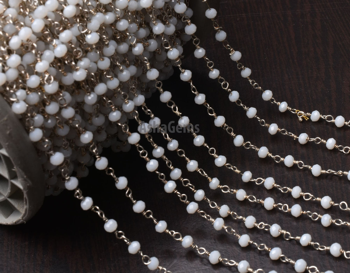 Amazing White Agate Hydro Faceted Rondelle Beads Rosary Chain,3 mm Silver Plated Wire Wrap Chain By Feet Rosary Chain Jewelry making Crafts