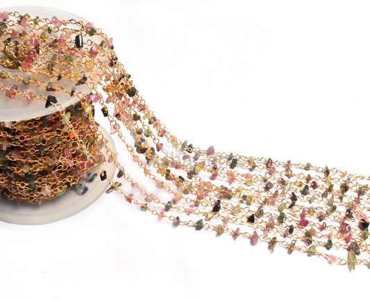 Beautiful Multi Tourmaline Uncut chips Chain, Natural Gemstone Uncut beads rosary chain Gold Plated wire Beaded Chain by Foot, Jewelry Craft