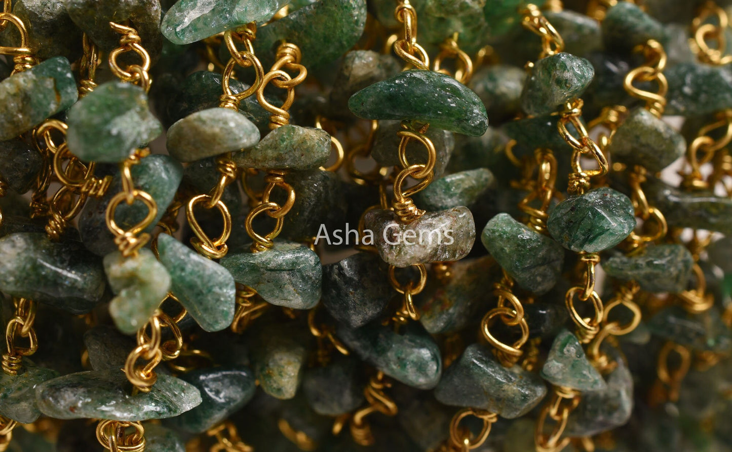 Natural Green Mica Uncut Chips Rosary Beads Chain, Gold Plated Wire Wrap Mica Nugget Beaded handmade Gemstone Chains Necklace Jewelry Crafts