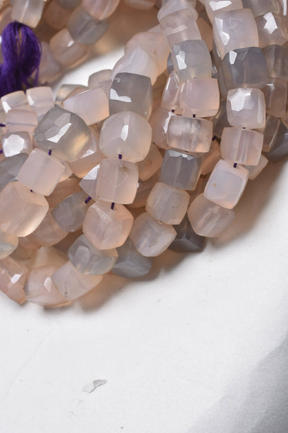 Shaded Peach Grey Chalcedony Faceted 3D Cube Box Beads,8" Fine Chalcedony Cube Gemstone Beads, Chalcedony Indian Cut Bead Jewelry Craft SALE