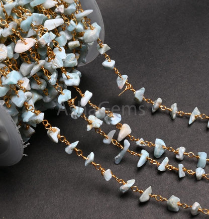 3,5,10,25,Ft Natural Blue Larimar Uncut Chip Beads Rosary Chain Gemstone Beads Chain,Smooth Nugget Beaded Chain,Gold Plated Wire,Finding,