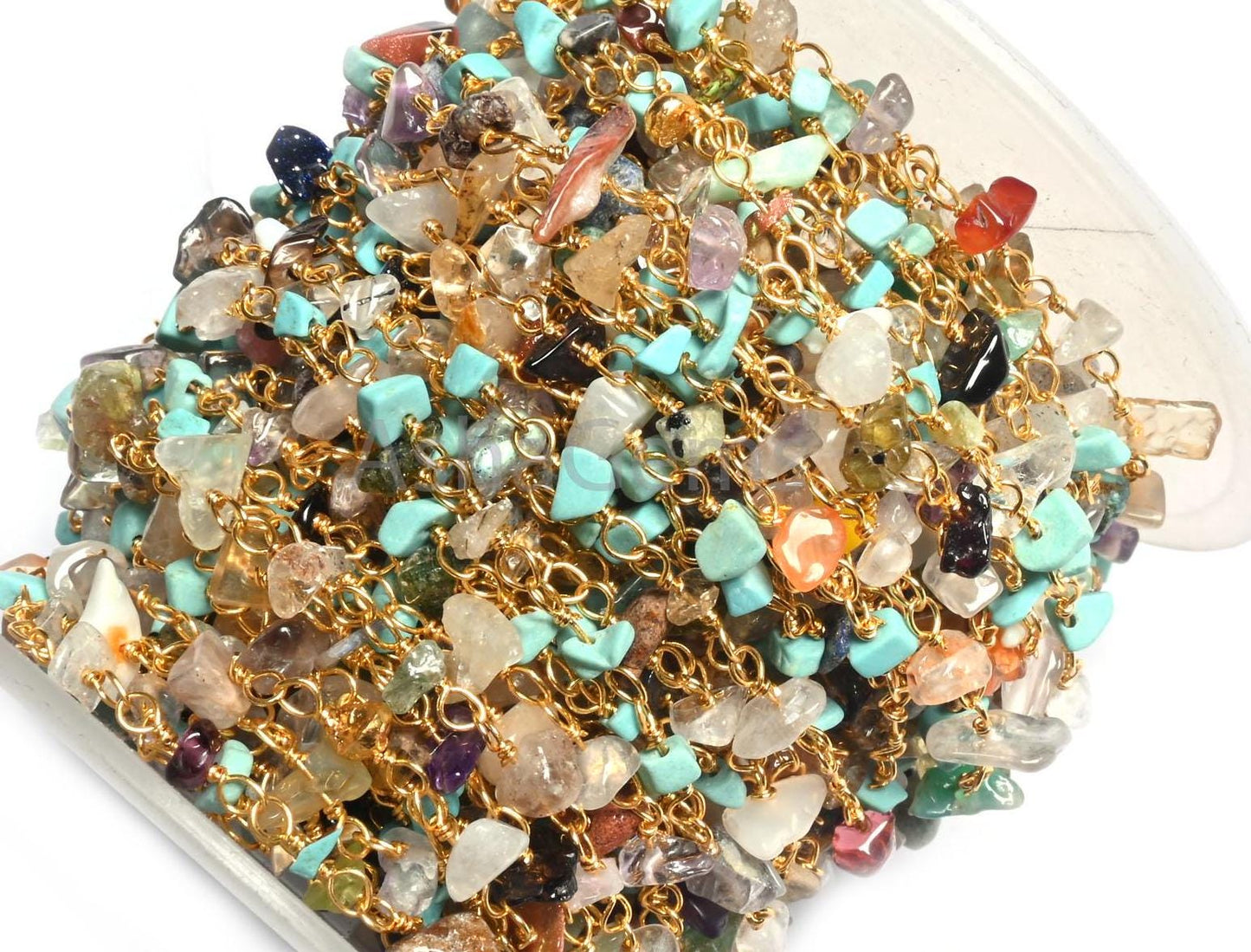 1,3,5,10 Feet Chain Natural Gemstone Multi Color Beads Rosary Chain Gold Plating Wire Disco Uncut Chip Beaded Rosary Chains Finding Jewelry